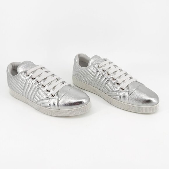 Prada Diagramme Quilted Sneakers EU 39.5 US 9.5 Metallic Silver Low Top Shoe - Picture 1 of 14